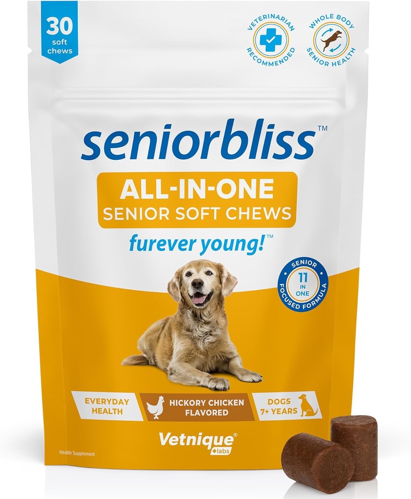 Vetnique Seniorbliss Senior Honden Multivitamine met Glucosamine, Omega 3 Visolie, en Probiotica - voor Hondengewrichten, Digestieve en Immuun Ondersteuning voor Optimale Gezondheid (Alles-in-één Dagelijks Vitamine, 30 Ct)