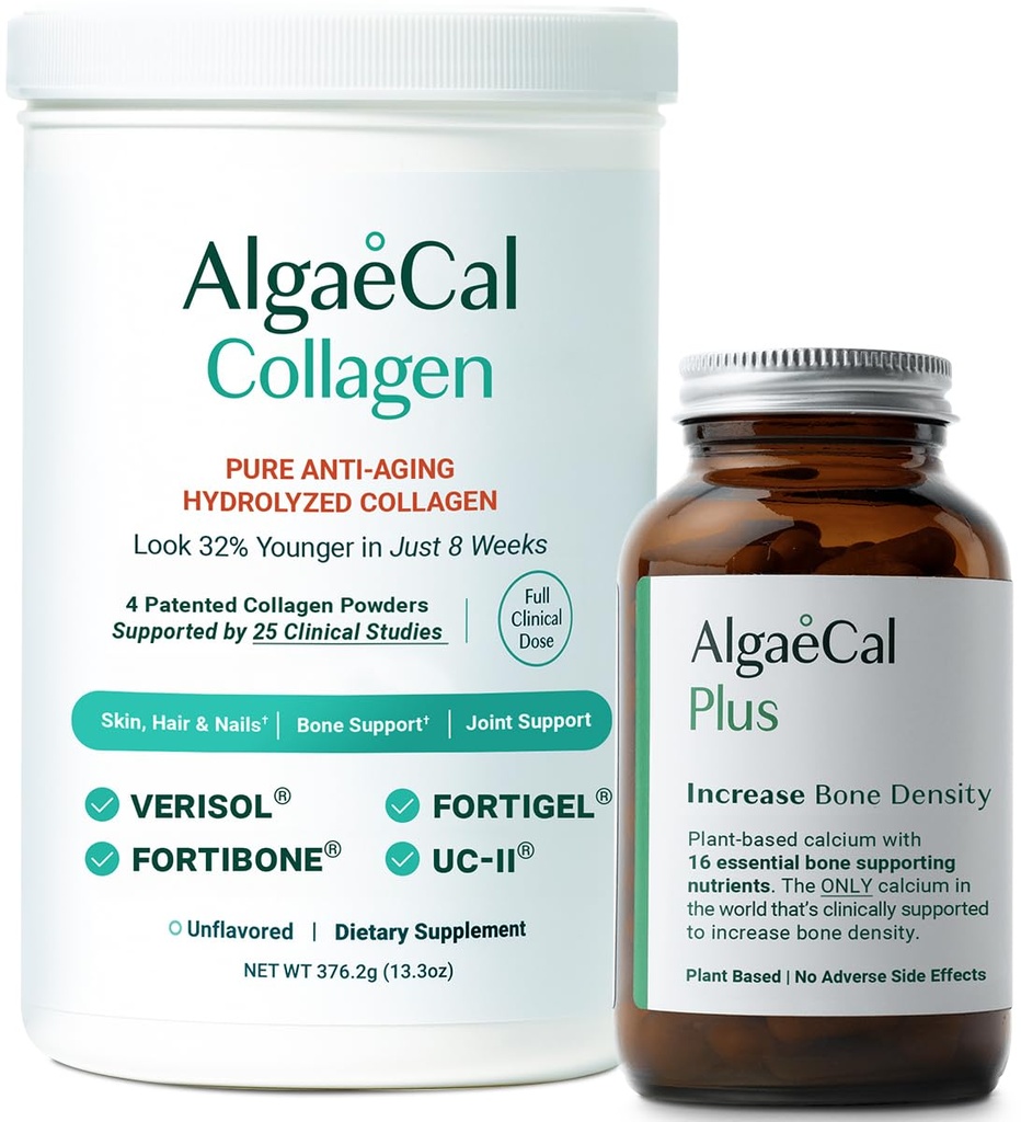 ALGAECAL Calcium & Collagen Bundle – Hydrolyzed Collagen Complete with Clinically-Supported Verisol, Fortibone & Fortigel, Plus Vitamin D3, K2, Magnesium & Trace Minerals for Bone Health & Anti-Aging