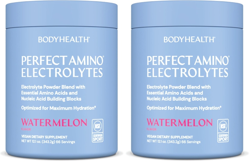BodyHealth PerfectAmino Electrolytes Powder No Sugar, Hydration Fasting Keto Zero Sugar Electrolytes Drink Mix with Trace Minerals - NSF Certified for Sport - Watermeloen - 66 Servers (Pack of 2)