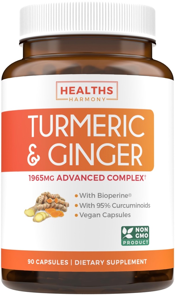 Kurkuma en Gembersupplement (Non-GMO) 1980mg Serveren - Kurkuma Curcumin met zwarte peper Bioperine, Gember Extract, en 95% Curcumaids Poeder - Tumerische Gezamenlijke Ondersteuning Supplement - 90 Capsules
