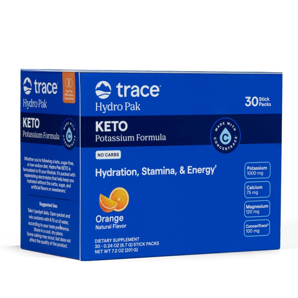 Trace Minerals Hydro Pak Keto - Mélange de boisson de reconstitution d'électrolyte – 1000 mg de potassium Plus 70 soutient l'énergie, l'endurance et l'hydratation – Arôme orange – 30 portions
