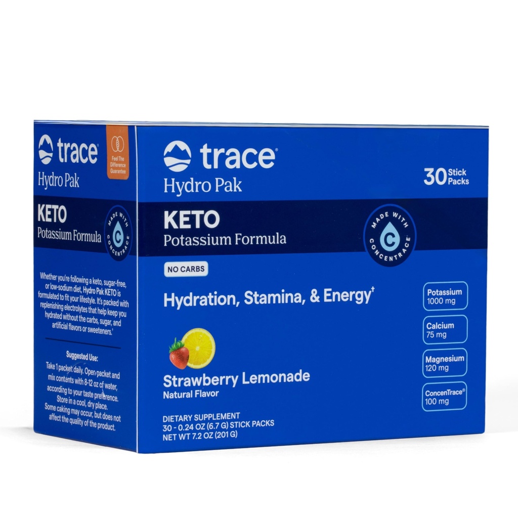 Trace Minerals Hydro Pak Keto - Mélange de boisson de reconstitution d'électrolyte – 1000 mg de potassium Plus 70 soutient l'énergie, l'endurance et l'hydratation – Limonade de fraise Saveur – 30 portions