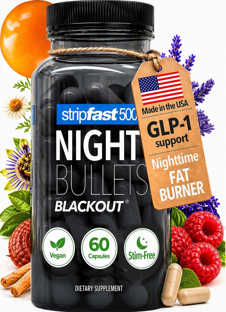 Night Bullets Weight Loss Pills for Women & Men, Stim-Free Nighttime Fat Burner, GLP-1 Support, Appetite Suppressant, Diet Pills with Ashwagandha & CLA, 60 Capsules