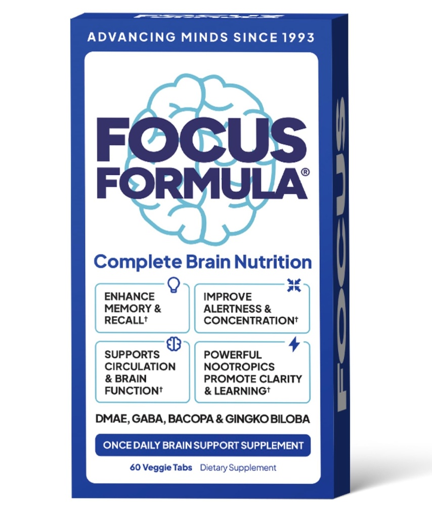 Focus Formule Nootrope Hersenen Supplement, Focus Capsules voor Concentratie, Ondersteunt Energie, Hersenen Booster met GABA, DMAE, en BACOPA, Geheugen Ondersteuning Supplement, Cognitieve Ondersteuning, 60 Veggie Tablets