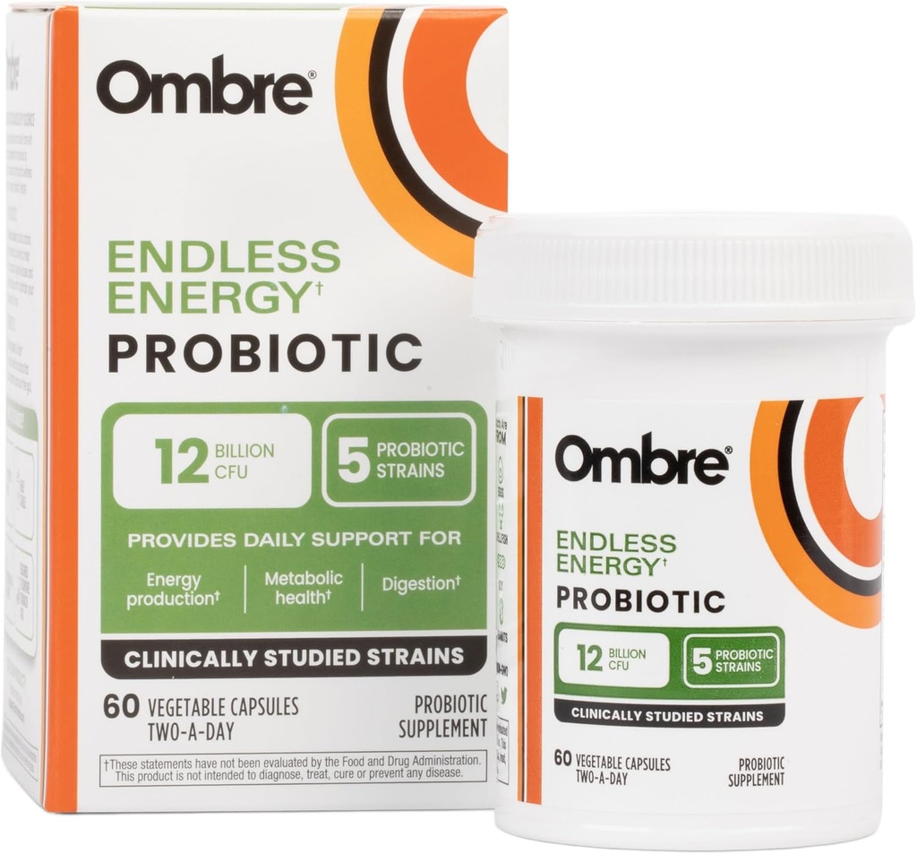 Ombre Endless Energy Probiotic Supplement, ondersteunt natuurlijke energieproductie, geheugen, focus & Gut Health, 12 miljard CFU, Houdbaarheid, 30 porties