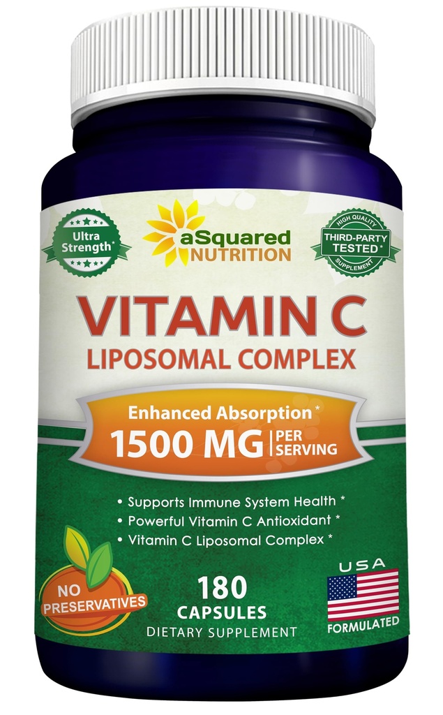 aSquared Nutrition Vitamin C Liposomal Complex - 1500mg Supplement - 180 Capsules - Hoge Absorptie VIT C Ascorbic Acid Pillen - Ondersteunt Immune System & Collageen Health - 90 Servers