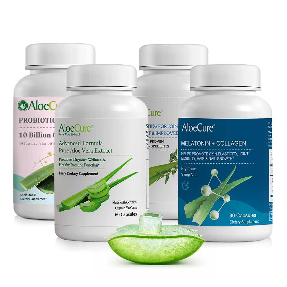 AloëCure Biologische Aloë Vera Capsules Pack - 4 stuks - Melatonine + Collageen, VeraFlex, Aloë Vera Capsules, Probiotica + Enzyme