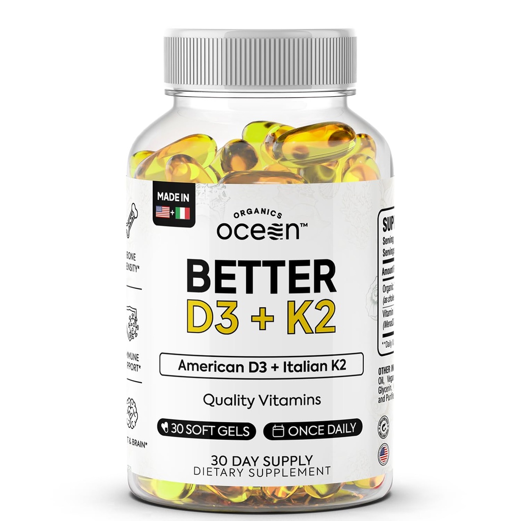 Organics Ocean Better D3 + K2-100% Organic VIT D3 en K2 Supplementen met maximale biologische beschikbaarheid - Ondersteunt botdichtheid, calciumbalans, immuniteit & Mood - 1-pack, 30 dagen levering