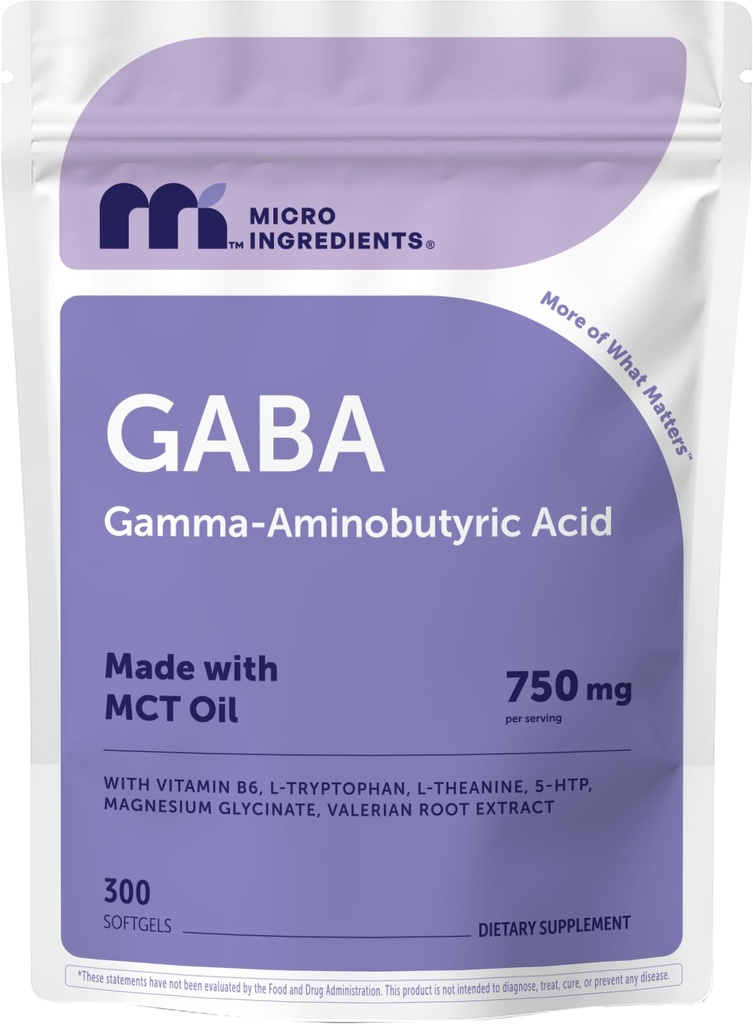Micro Ingredients GABA 750 mg with MCT Oil, 300 Softgels | Gamma Aminobutyric Acid with Vitamin B6, 5-HTP, L-Theanine, L-Tryptophan & Magnesium Glycinate | Non-GMO, cGMP Manufactured