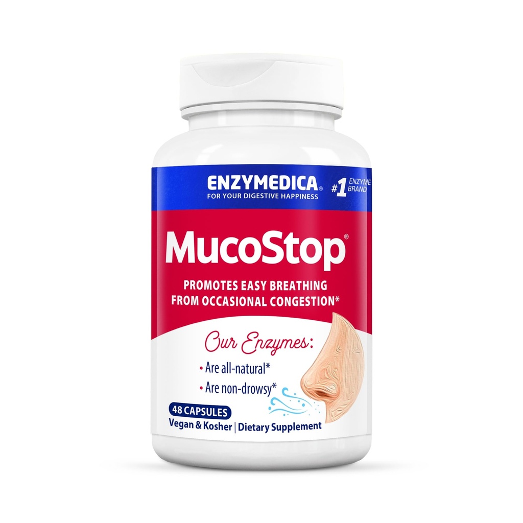 Enzymedica, MucoStop, Natuurlijke Enzyme Supplement, Verlicht Seizoensgebonden of Af en toe Congestie, Ondersteunt Gemakkelijk ademhalen, 48 Tellen