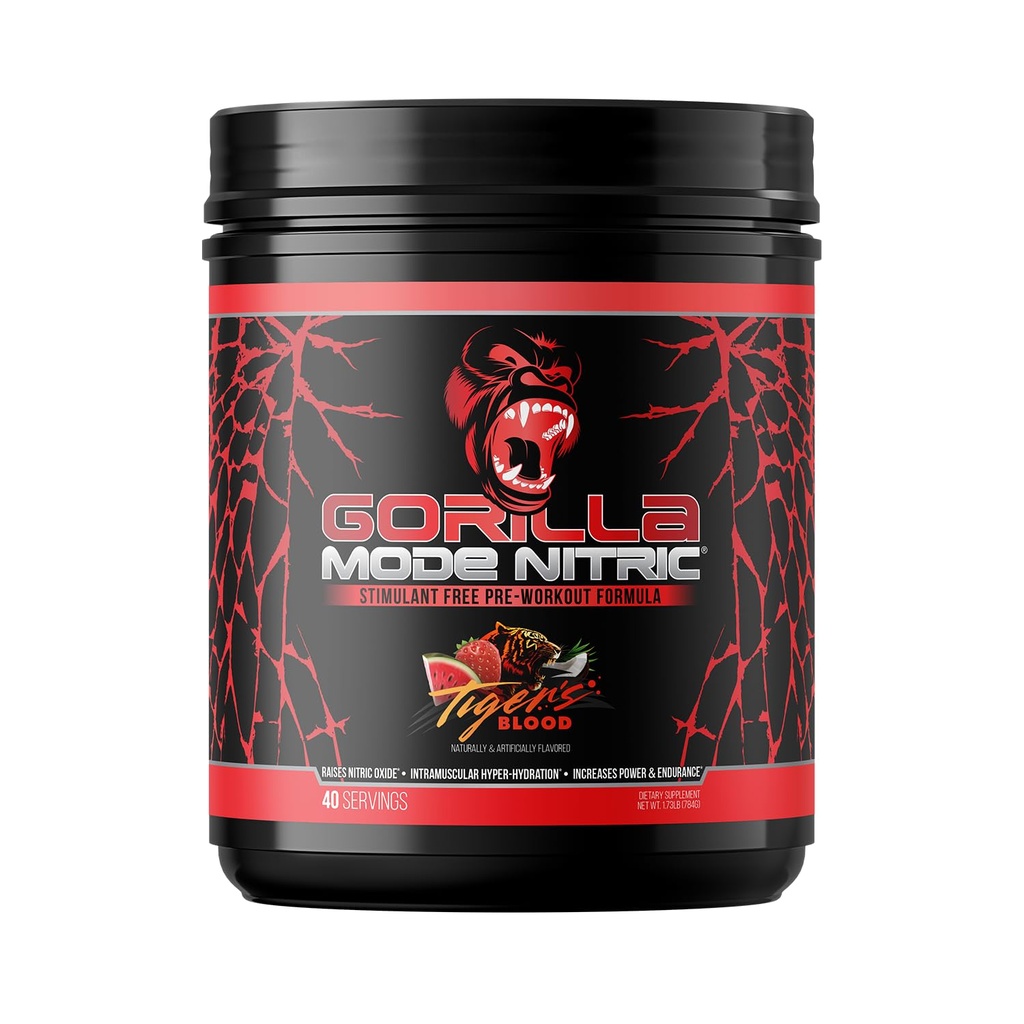 Pré-entraînement sans stimulant amélioré en mode Gorilla – meilleure dégustation et pompe de pré-entraînement/massives sans stimulant le plus efficace · Vasodilation · Puissance / 784 grammes (Tigers Blood)
