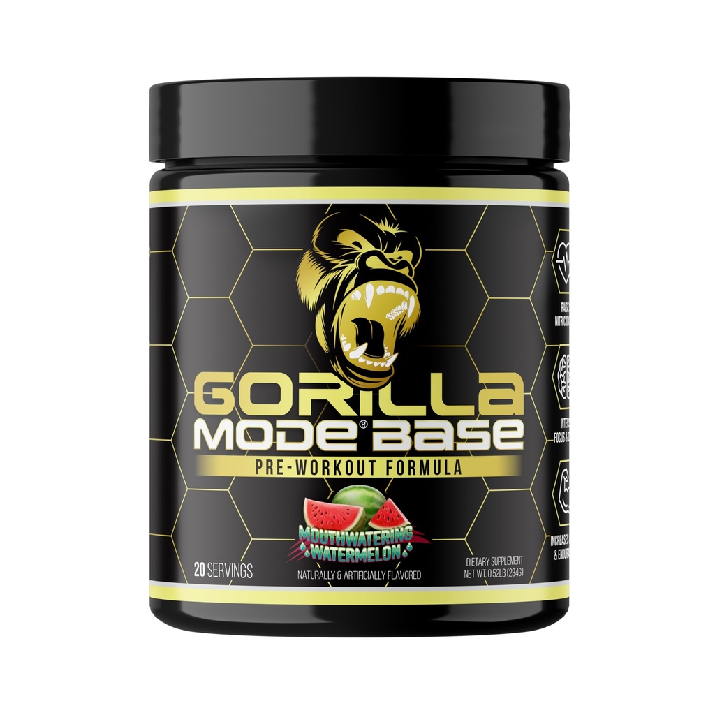 Gorilla Mode Base Pre Workout - Verhoogt stikstofoxide · Intense Focus & Drive · Endurance · Power - L-Citrulline, L-Tyrosine, Betaine, Alpha-GPC, Cafeïne, Huperzine A - 234g (Mouthwatering Watermeloen)