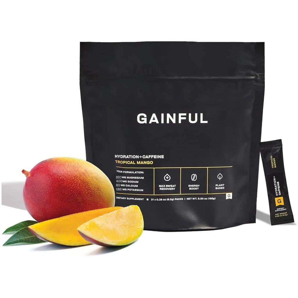 Krachtige hydratatie + Cafeïne poeder pakketten met belangrijke elektrolyten Magnesium & natrium + L Theanine, lage suikerdrankmix, Tropische Mango, 21 Sticks