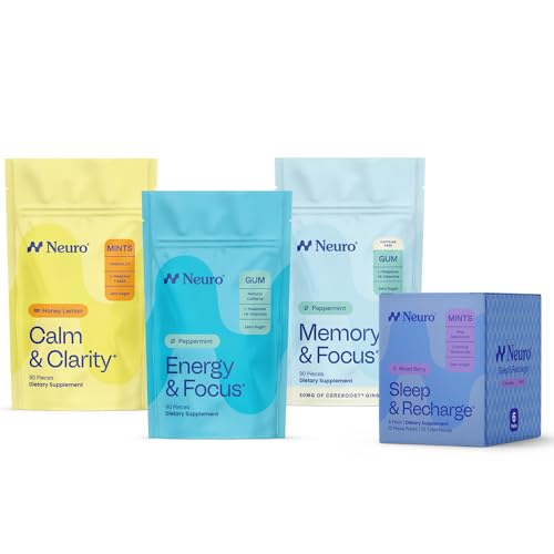 Bundle de soutien du cerveau au jour le jour - Énergie et focus Gum, Mémoire et focus Gum (Peppermint, 90 comte), Sleep & Recharge Mints (Mixed Berry, 72 comte), Calme & Clarity Mints (Honey Lemon, 90 comte)