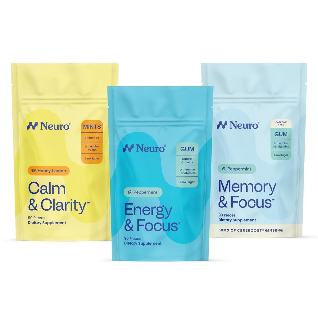 Neuro Cognitive Balance Bundle - Geheugen & Focus Nootropic Gum (Peppermint, 90 Tel), Slaap & Opladen Melatonine Munten (Berry, 72 Tel), Kalm & Clarity Stress Support Mints (Honey Lemon, 90 Tellen)
