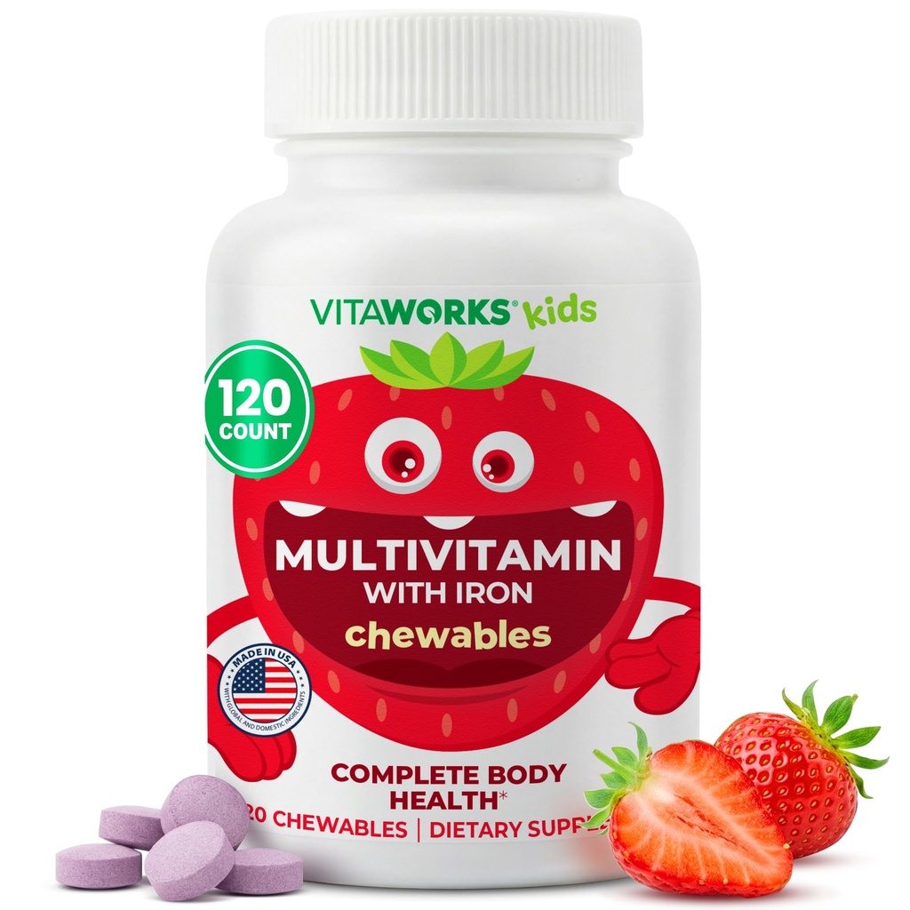 Kinderen Multivitamine met ijzer en mineralen Kauwtabletten - Gemengde fruitsmaak - Vegetarisch, GGO-vrij, notenvrij - Dieetsupplement - Digestieve ondersteuning voor kinderen - 120 Kauwtabletten"