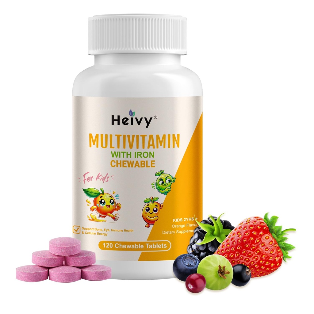 Heivy NOUVEAUx enfants Multivitamines à croquer - 120 comprimés pour la santé des os, des yeux et des vitamines - soutient la croissance et le développement avec la vitamine D3, complexe C & B