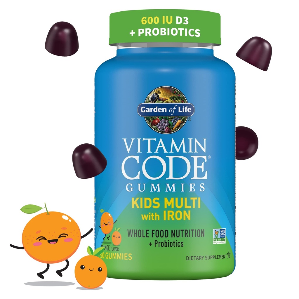 Gommy multivitamine pour enfants avec fer + probiotiques pour la santé immunitaire et la digestion : vitamines D, C, E, B, zinc pour l'énergie et le développement, code vitamine, non-OGM, sans gluten, 90 gommes orange, 30 jours d'approvisionnement
