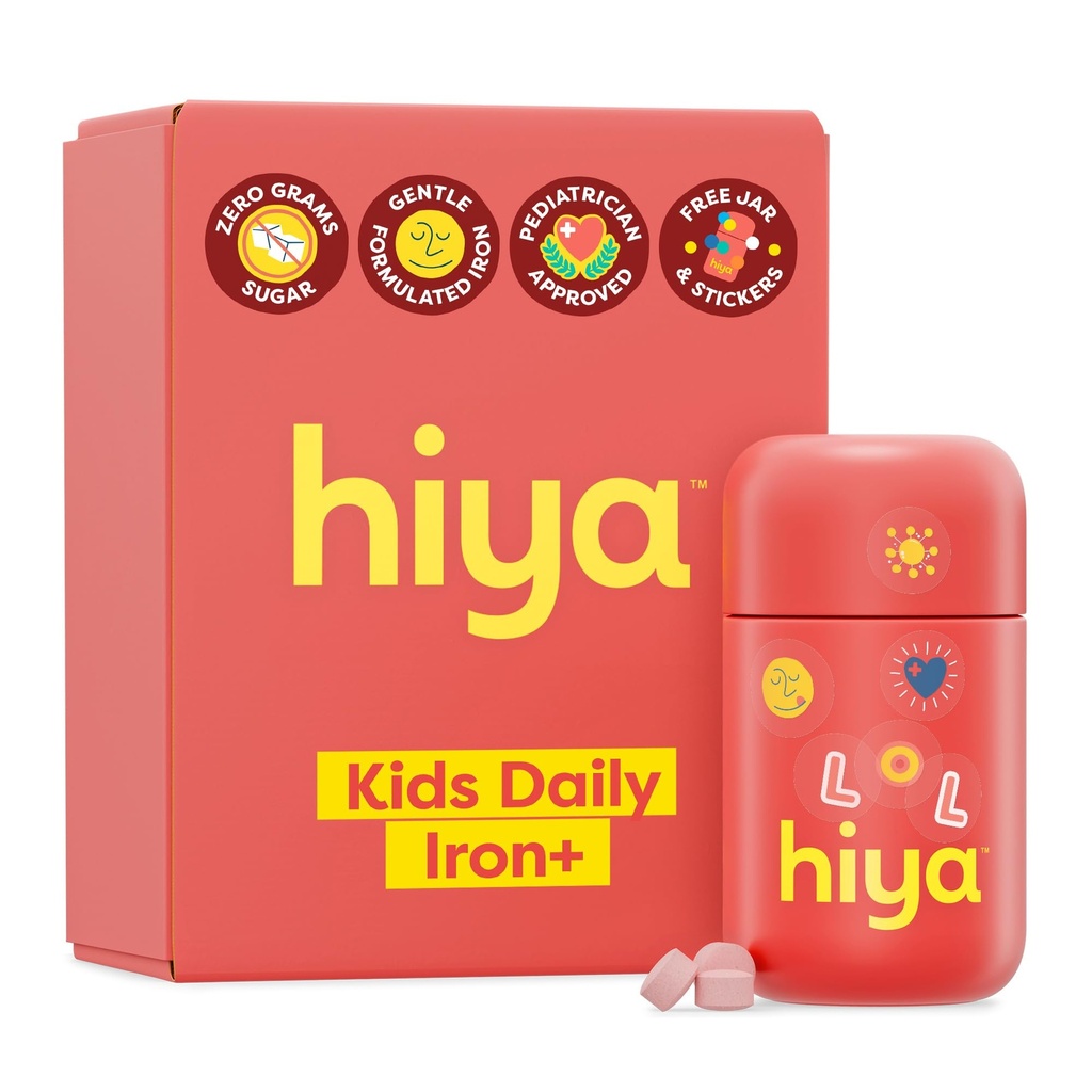 Hiya Iron+ Supplements for Kids - High Absorption Iron Supplement - Delicious Strawberry Flavor & Easy on Children's Stomach - No Added Sugar & Third Party Tested - 30 Day Refill Supply for Toddlers