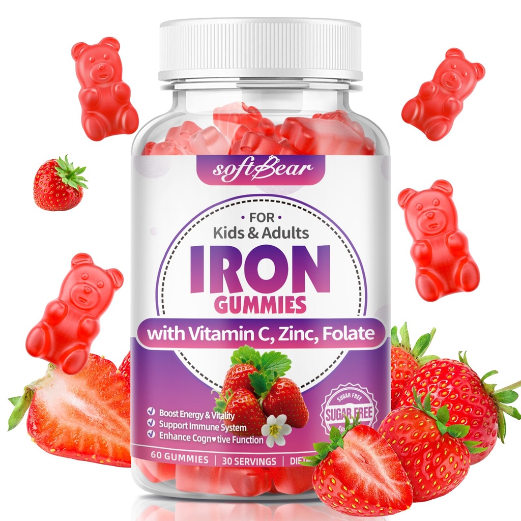 softbear Gommies de fer pour les femmes et les hommes et les enfants, Suppléments de fer à croquer avec vitamine C,B3,B5,B6,B12 soutient le système immunitaire, l'énergie et la vitalité, sans sucre / végétalien, fraise parfum 60 comte