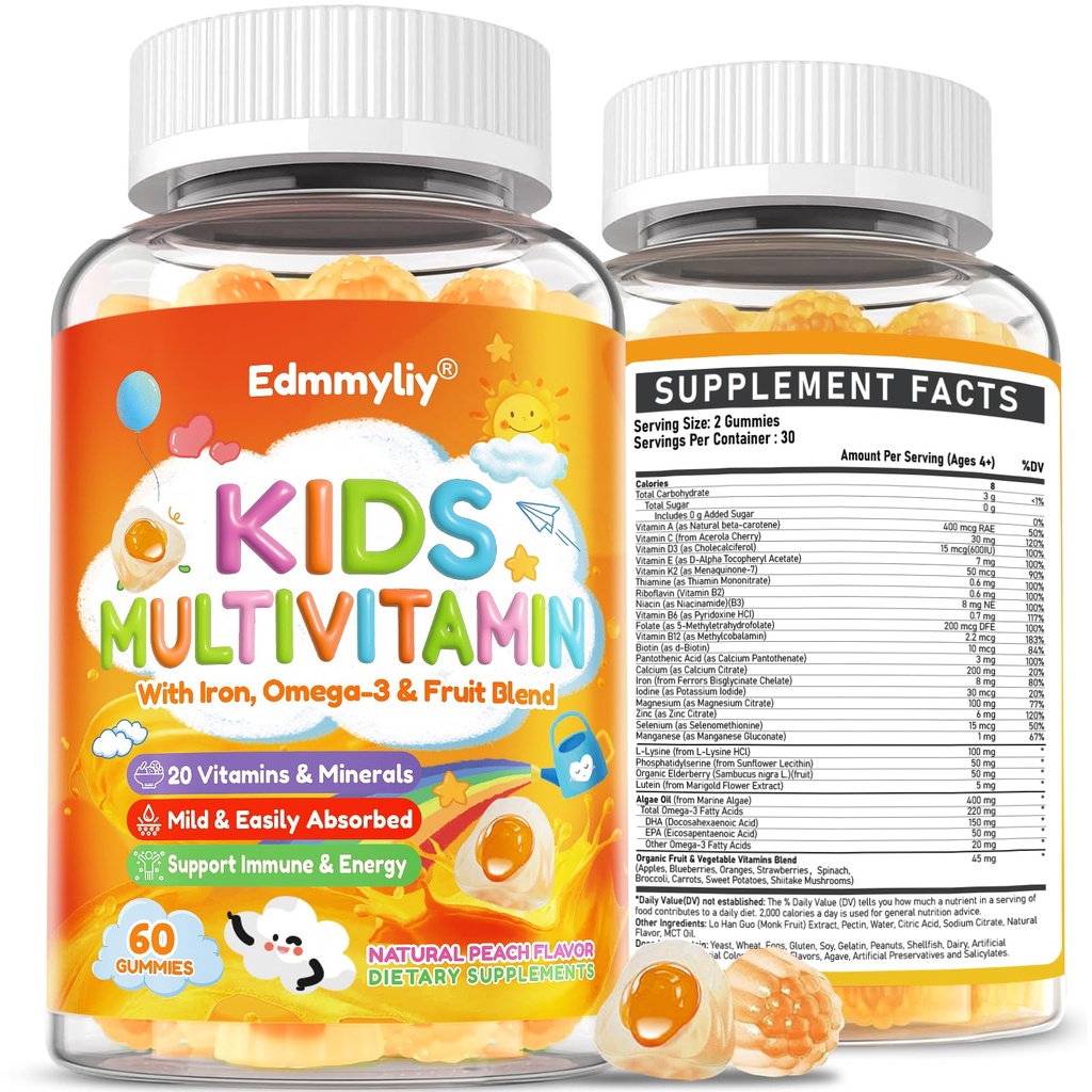 Kinderen Multivitamine Gummies - Vitaminen A D3 K2, Gemethyleerde B-complex met Omega-3, ijzer voor Immune & Development Ondersteuning - Biologische gemengde-berry smaak Multivitaminen voor kinderen Dagelijks - Suikervrij & Veganistisch