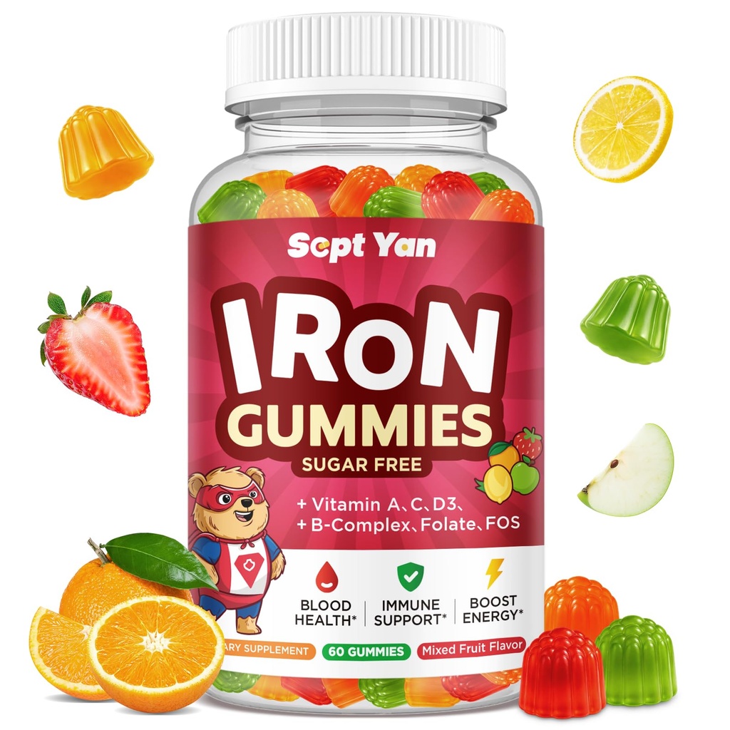 Iron Supplement Gummies for Kids, Kids Multivitamine with Iron - Vitamine B Complex, C, D3, Calcium, Folate, Zink, FOS for Blood Builder & Energy Support, Iron Deficency, Vegan,Mixed Fruit smaak,60 ct