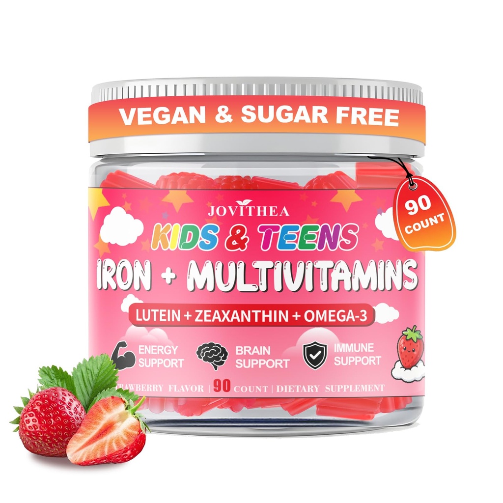 90 Comte de Gommies de Fer pour enfants, Multivitamine pour enfants avec Calcium, Zinc, Folate, Omega-3 & Lutein, Énergie de soutien, Immnity, Déficience de Fer, Anémie et Santé du cerveau, Vegan, Sans sucre, Fraise Flavor
