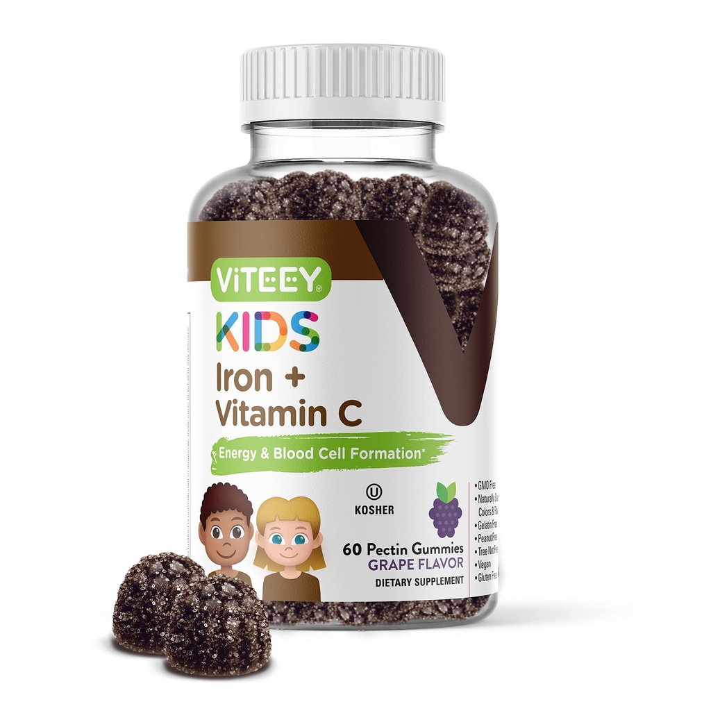 Gommies de fer Viteey pour les enfants avec la vitamine C - soutient l'énergie, la formulation de cellules sanguines, le sang Constructeur Anémie Enfants suppléments de fer - végétalien, sans gélatine, sans gluten - savoureux aromatisé de raisin à croquer