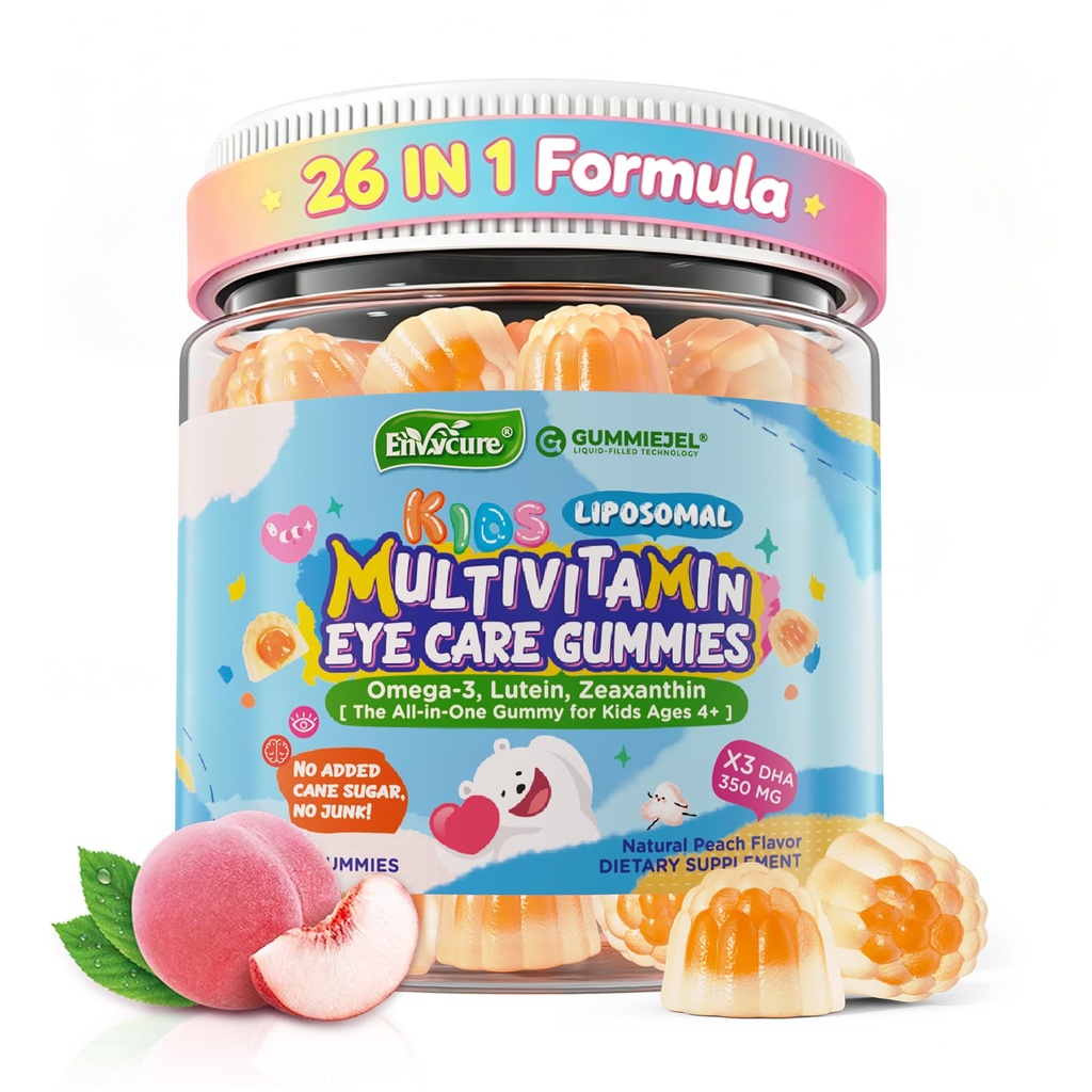 Kinderen Multivitamine Gummies met ijzer, 450mg Algen Omega-3, Gemethyleerde B12, Folate, Fiber 2g, Probiotica, Magnesium, A, C, D, K, Zink, Kinderen Vitaminen voor Groei, Hersenen, Oog, Gut, Immune, Suikervrij