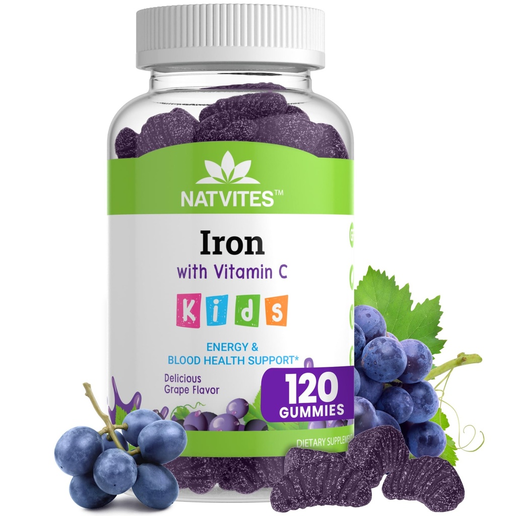 Gummies de fer pour enfants avec vitamine C - Delicious Grape Flavor - Energy & Blood Health Support - Supplément de fer pour enfants non végétariens sans gluten pour enfants et tout-petits de 2 ans et plus (120 comtes)