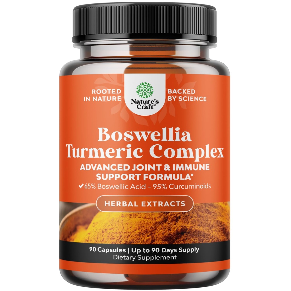 Boswellia Extract Capsules with Turmeric - Supplément avancé de soutien de la santé immunitaire - Turmeric & Boswellia Serrata Capsules 500mg par portion pour la désintoxication corporelle et les articulations saines - 90 Compte