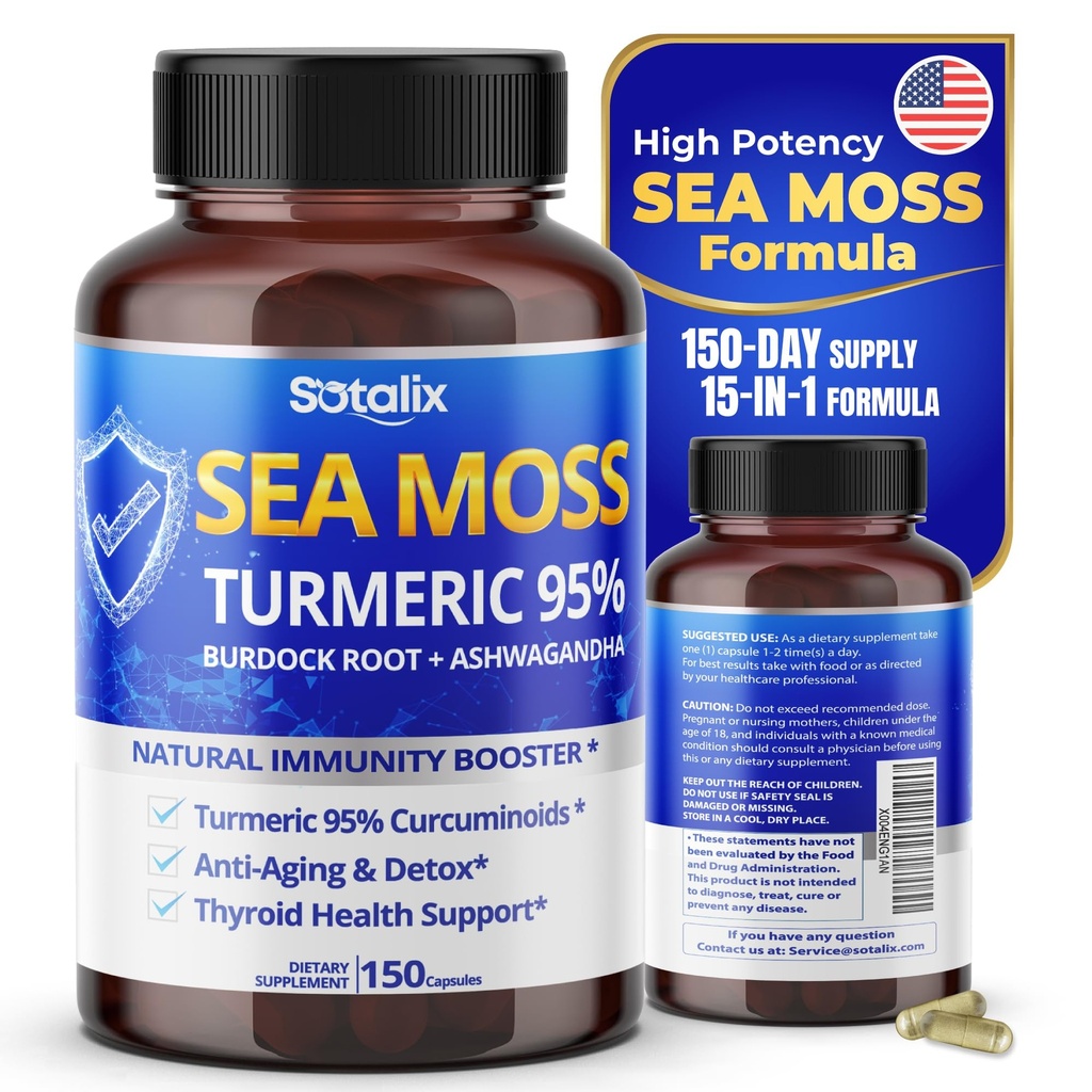Sotalix Sea Moss Capsule met Ashwagandha, Burdock Root, Bladderwrack, Kurkuma - Krachtige Natural Immunity Booster - USA Made (150 Count (Pack of 1))