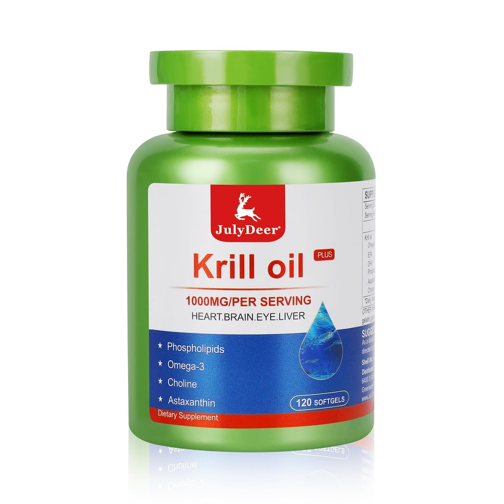 JulyDeer Krill Oil 1000 mg met Omega-3s EPA, DHA, Astaxanthine en Fosfolipiden 120 Softgels Supplement, Antarctische Krill No Fishy Aftersmaak voor Joint, Heart, Hersenen en Immuniteit