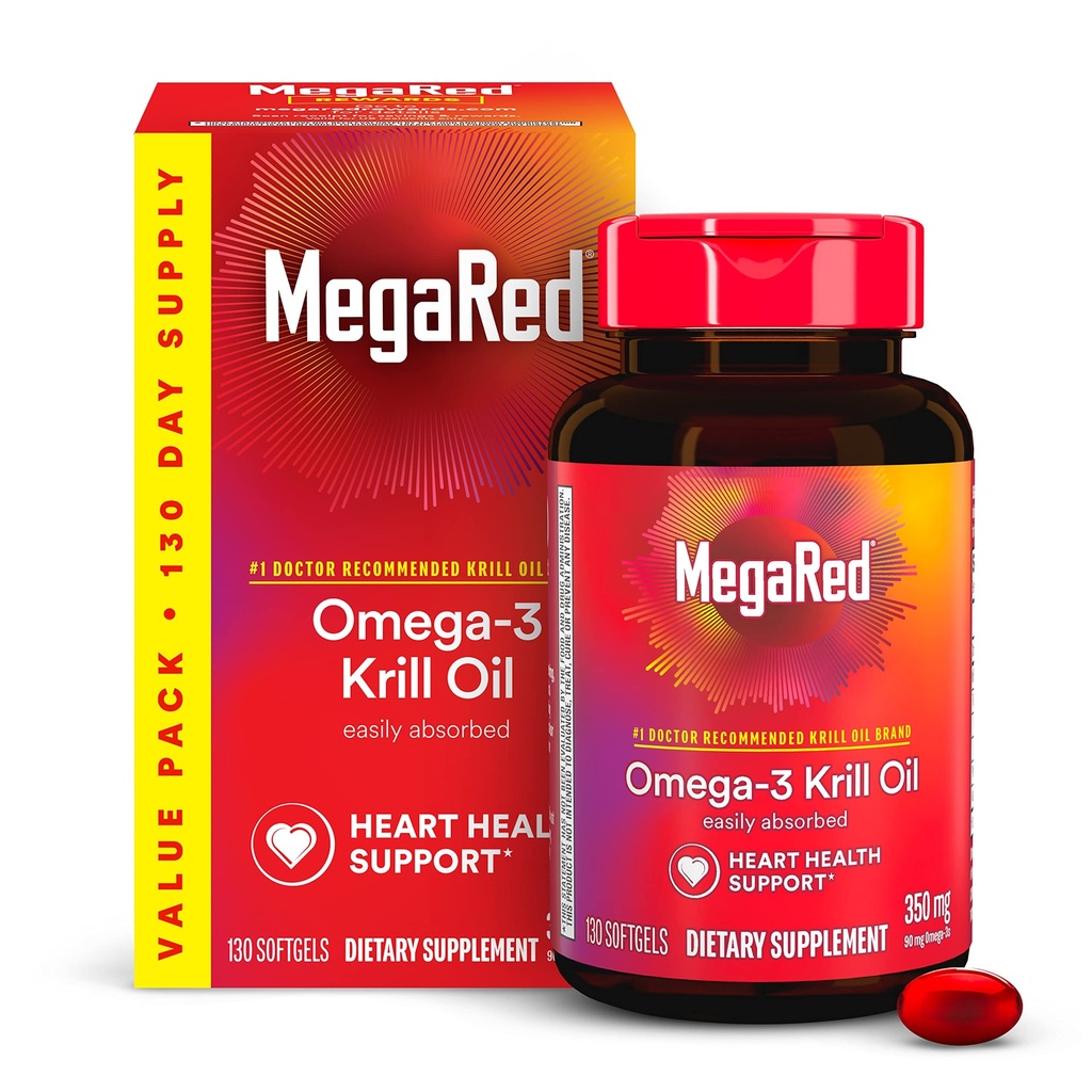 MegaRed - Omega-3 Krill Oil 350mg Softgels (130 Compte dans une bouteille), EPA & DHA Omega-3 Acides gras sans arrière-goût de poisson Contrairement à l'huile de poisson, contient de l'Astaxanthine antioxydante