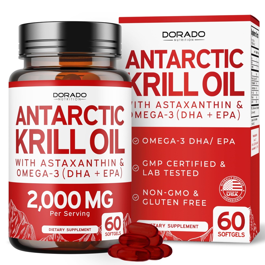 Antarctica Krill Oil Supplement (2000mg Per Serving, 60 Softgels) Krill Oil Omega 3 Supplementen met EPA, DHA & Astaxanthine - Premium Fosfolipide voor volwassenen - derde partij getest, niet-GMO & USA Made