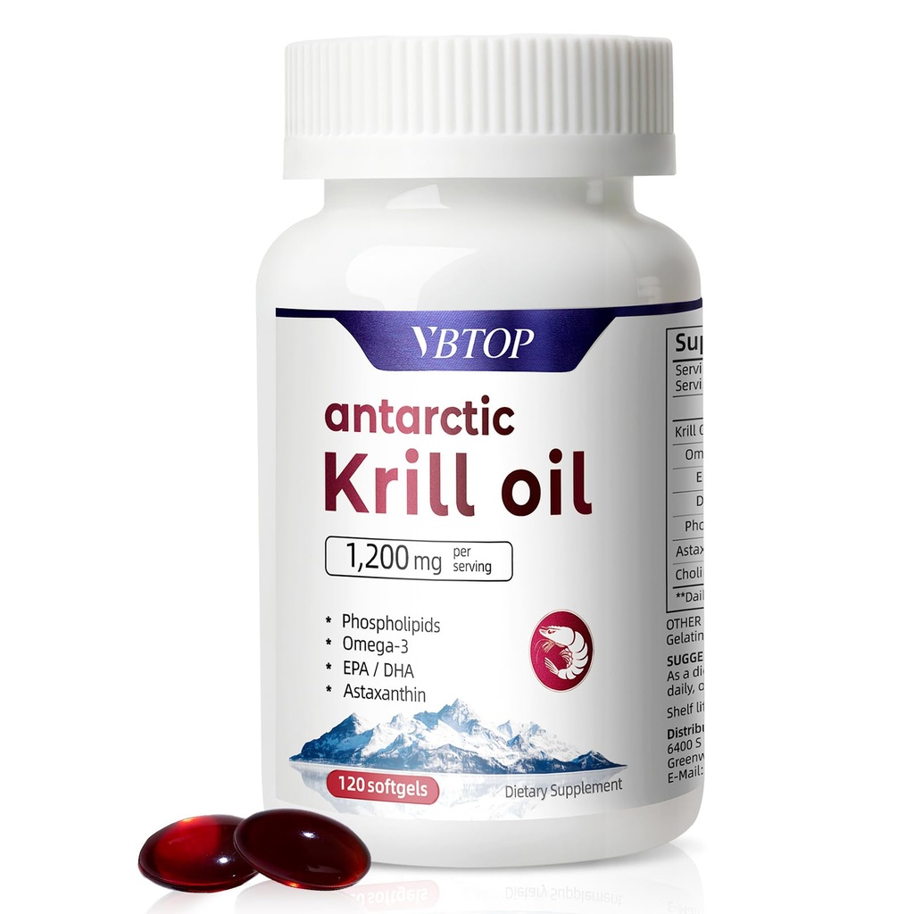 Antarctica Krill Oil 1200 mg per portie, 120 Quick Release Softgels met Omega-3 EPA DHA, Astaxanthine & Fosfolipiden, Mercuriusvrij, Geen Fishy Afdronk voor Hart, Gewricht & Hersengezondheid