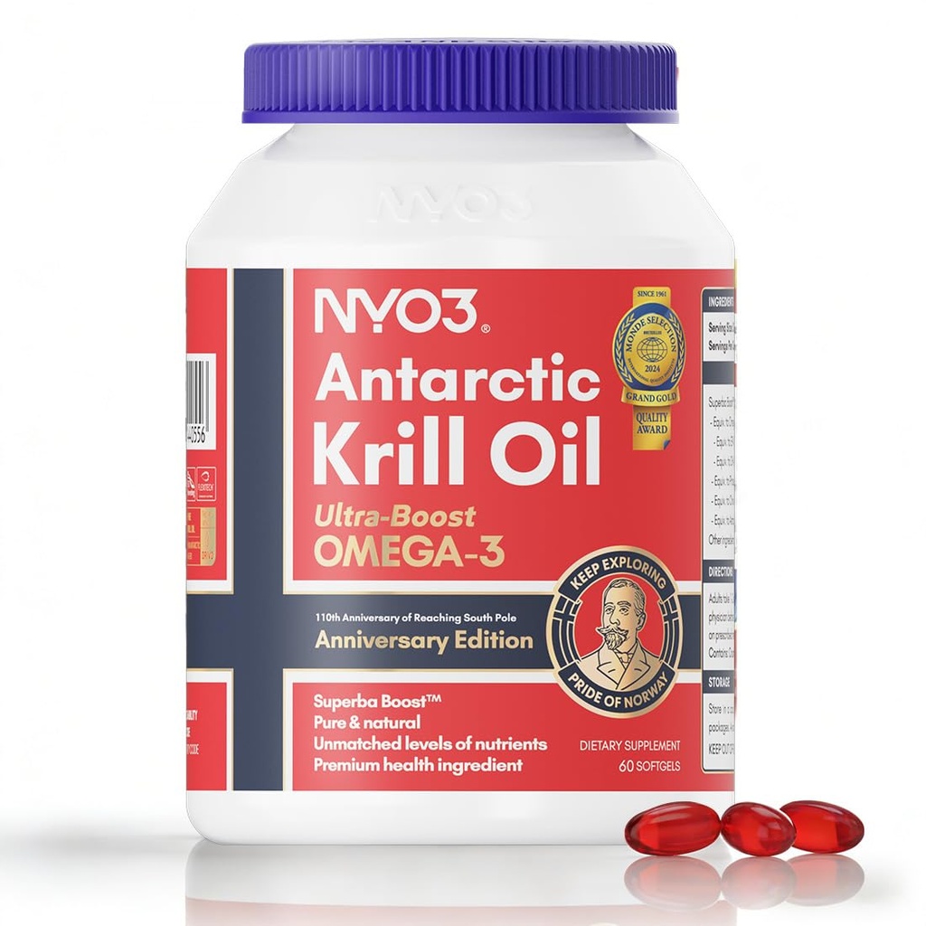 NYO3 Krill Oil 1000mg Omega 3 Supplément, 56% Phospholipides pour 98% Absorption, Antarctique Superba Boost Krill Oil, High EPA & DHA pour coeur Cerveau sang santé lipidique, Pas de Burps de poisson, 60 Softgels