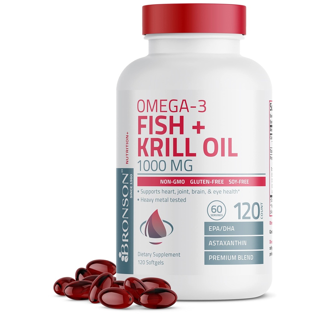 Bronson Omega-3 Fish + Krill Oil 1000 MG EPA DHA Astaxanthin Premium Blend - Hygiène des articulations, du cerveau et des yeux - Non OGM, métal lourd testé, 120 Softgels