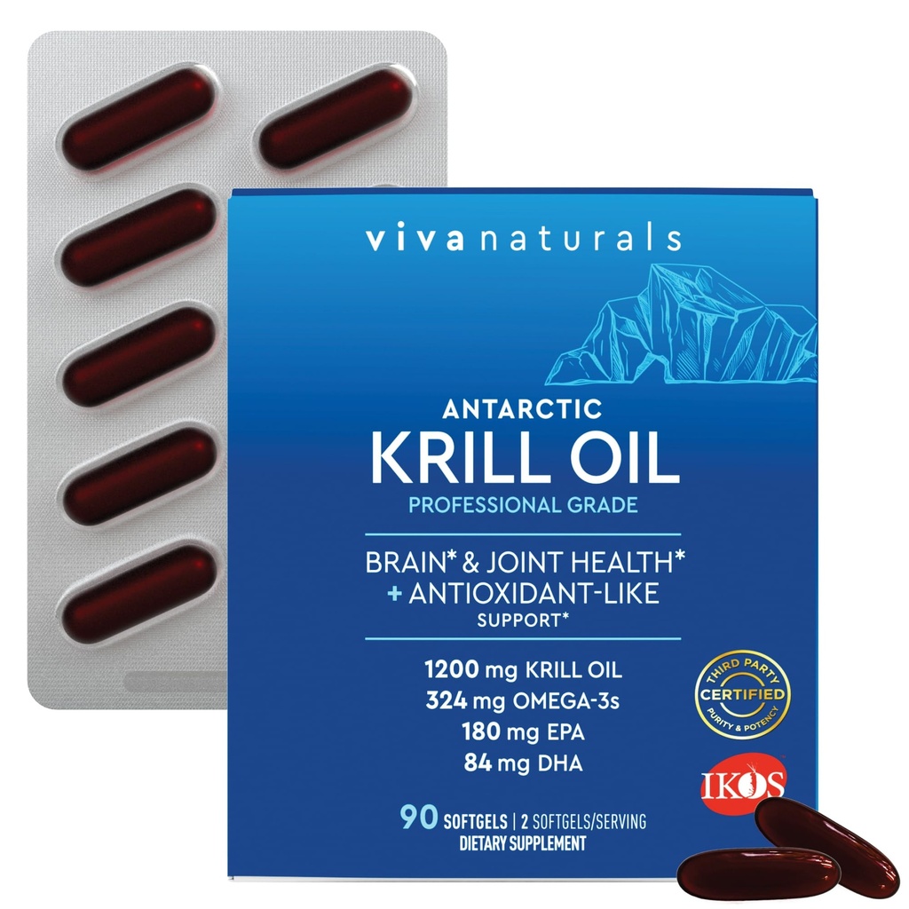 Viva Naturals Huile de krill antarctique, 1200 mg – Omega-3 DHA & EPA avec l'astaxanthine pour la santé conjointe, sans Burp de poisson, 90 Softgels