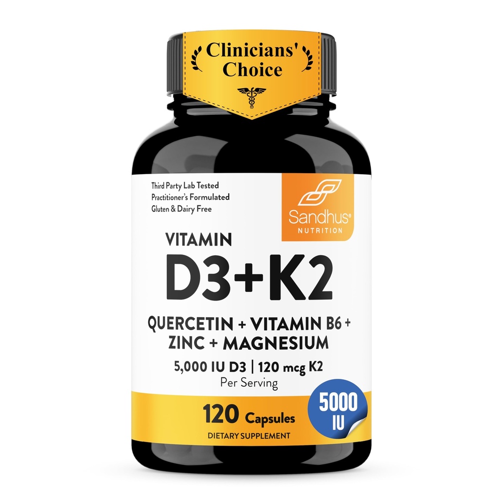 La vitamine D3 K2 de Sandhu Magnésium 5000 UI, 120 mcg K2 Capsules 120 Compte (paquet de 1) avec VIT B6, Zinc et Quercetin.