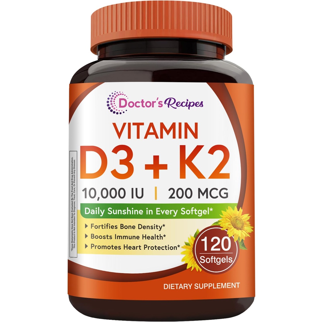 Recepten voor artsen Vitamine D3 K2, 10.000 IE, 200 mcg, MK-7, Sterke botdichtheid, Tanden, Immune, Hartondersteuning, Energie, Calcium Absorptie, Geen soja & Gluten, Non-GMO, 120 Softgels
