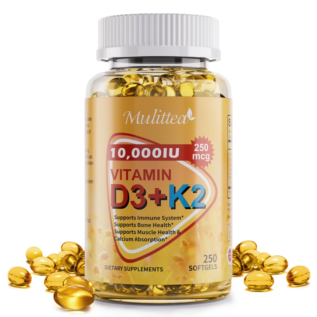 D3 K2 Vitamine 10000 UI avec noix de coco vierge MCT Huile - 200 mcg MK7 Vitamine K2, Non-OGM pour l'absorption ultime - Bon, Immune et santé cardiaque - Supplément D & K facile à avaler - 250 Softgels