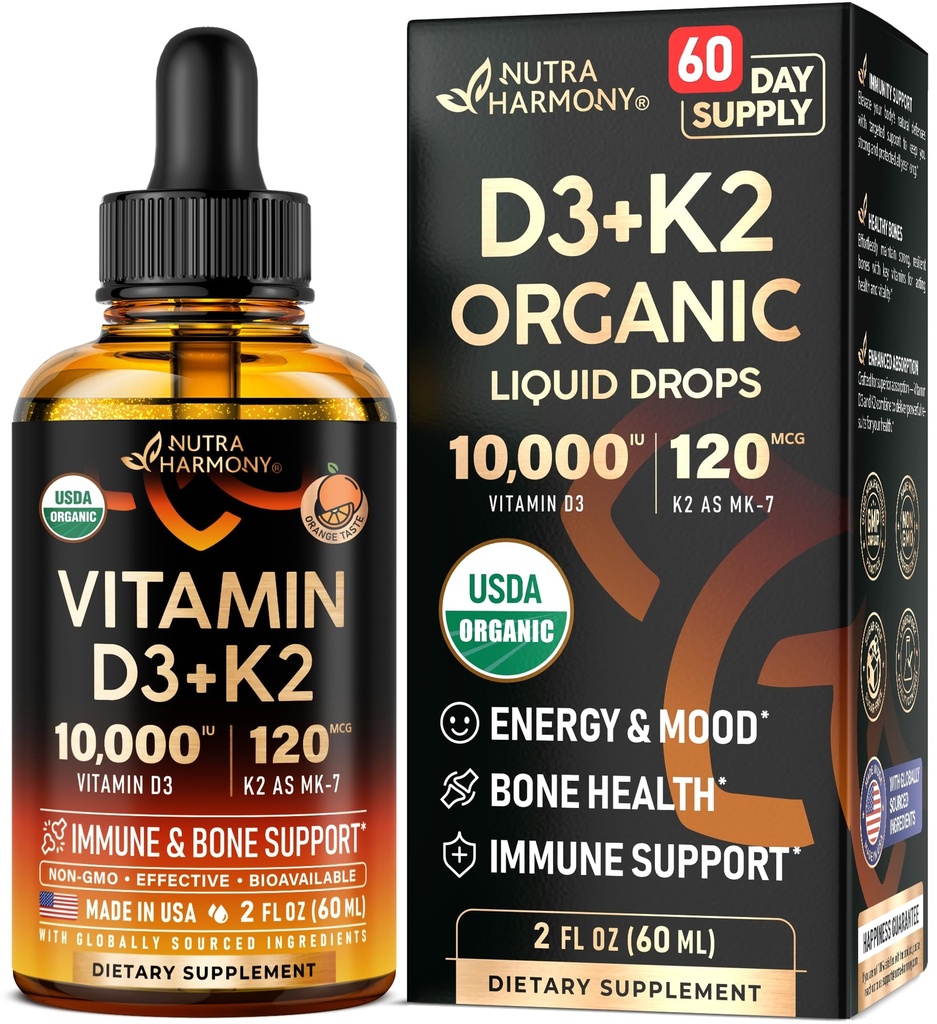 Vitamine D3 K2 USDA gouttes organiques - Vitamine D3 10000 UI & K2 comme MK-7 120mcg - Immune et soutien de l'humeur, os et dents santé - sans sucre orange saveur - supplément liquide - Fabriqué aux États-Unis - 2 FL OZ, 60 jours