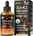 Vitamine D3 K2 gouttes organiques USDA - Vitamine D3 10000 UI et K2 comme MK-7 120mcg - Immune et soutien de l'humeur, os et dents santé - sans sucre orange saveur - supplément liquide - Fabriqué aux États-Unis - 2 FL OZ, 60 jours