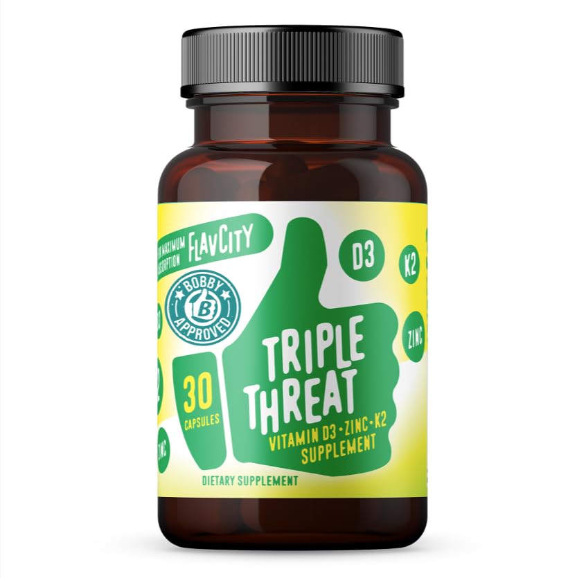 FlavCity Vitamine D3, K2 & Zink - Triple Threat Supplement - Dagelijkse of seizoengebonden Immune Ondersteuning - Vitamine D met K2 voor verbeterde absorptie - Bevorder gezonde botten en huid (30 capsules)