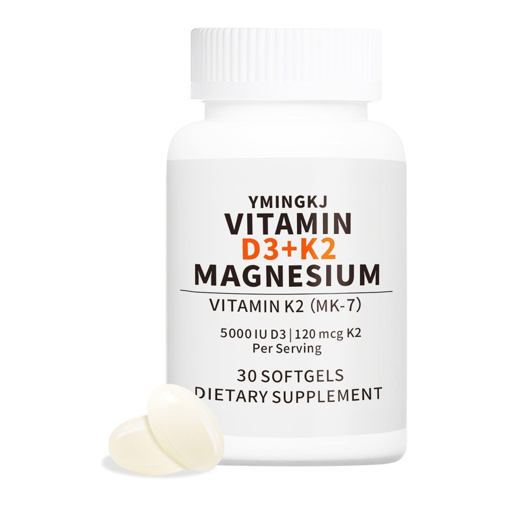 Vitamine D3 K2 5000 UI Softgels avec supplément de magnésium - & 120mcg MK-7 K2 pour la santé des os et le soutien immunitaire - Softgels sans OGM et sans gluten avec huile MCT- 30 Softgel