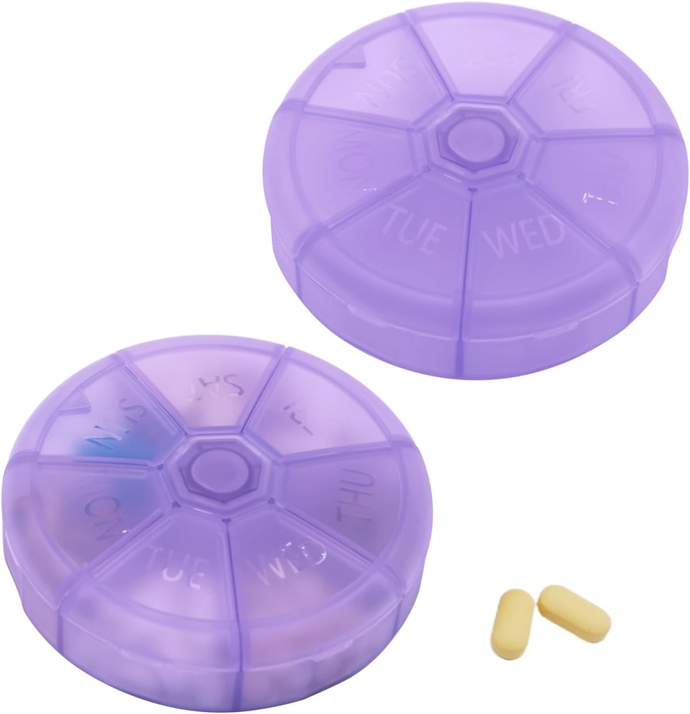 Draagbare Weekly Pillen Organisator 7 Dag Pillen Container, Ronde Pillen geval Reizen Vriendelijke, Dagelijkse Week Pillen Herinnering geval, BPA-vrije Vitamine, Supplement, Visolie, Medicatie Planner (Paars)