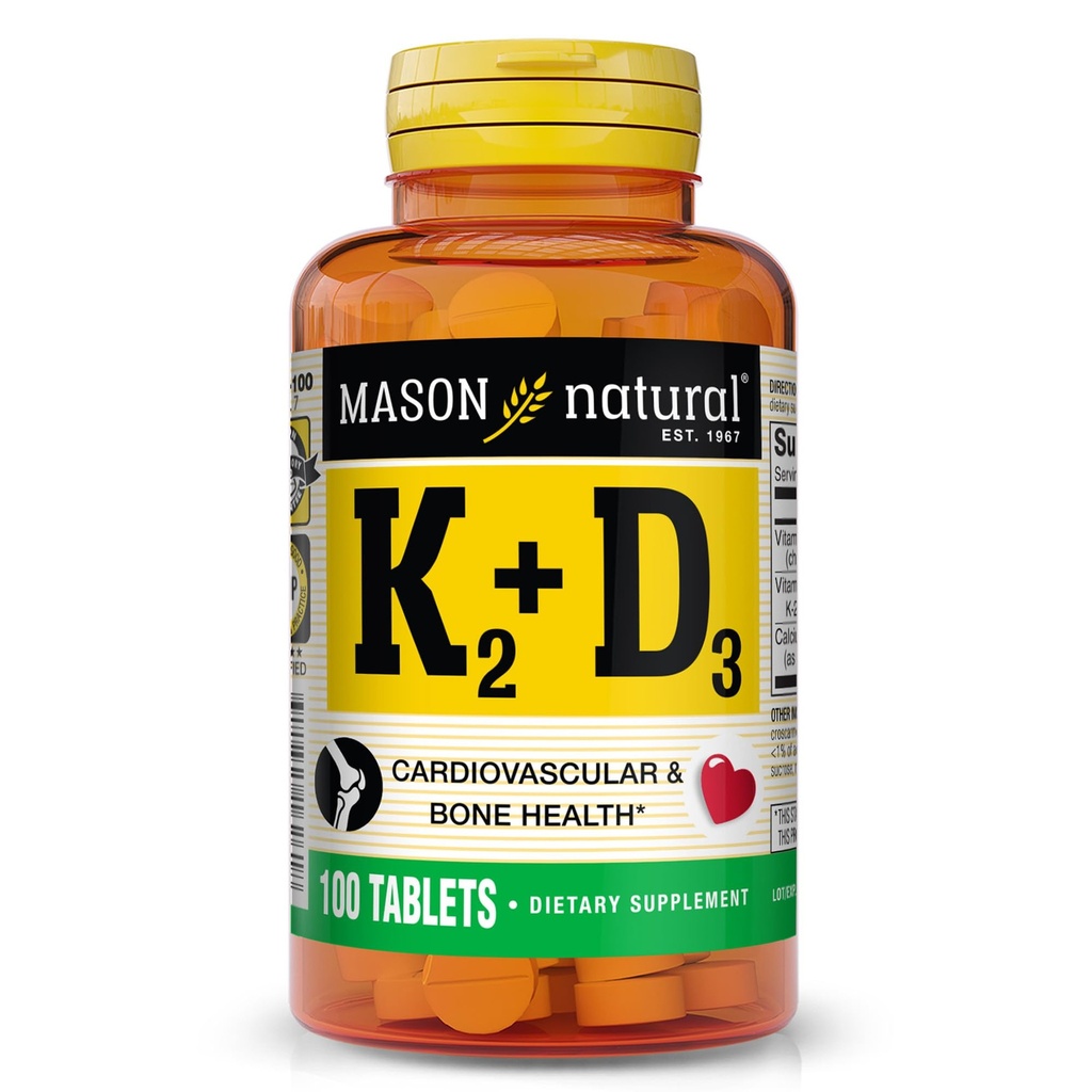 MASON NATUURLIJKE Vitamine K2 + D3, 100,Dagvoorziening, met calcium voor normale bot- en spierondersteuning, tabletten