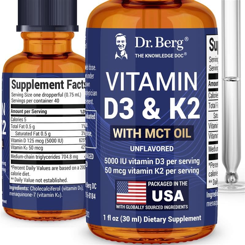 Dr Berg Maximum Strength Vitamine D3 K2 gouttes liquides avec huile MCT – 5 000 UI Vitamine liquide D3 avec K2 – soutient les os forts, le cœur, l'énergie, l'immunité et la vitalité globale* - Non aromatisé 1 Fl Oz