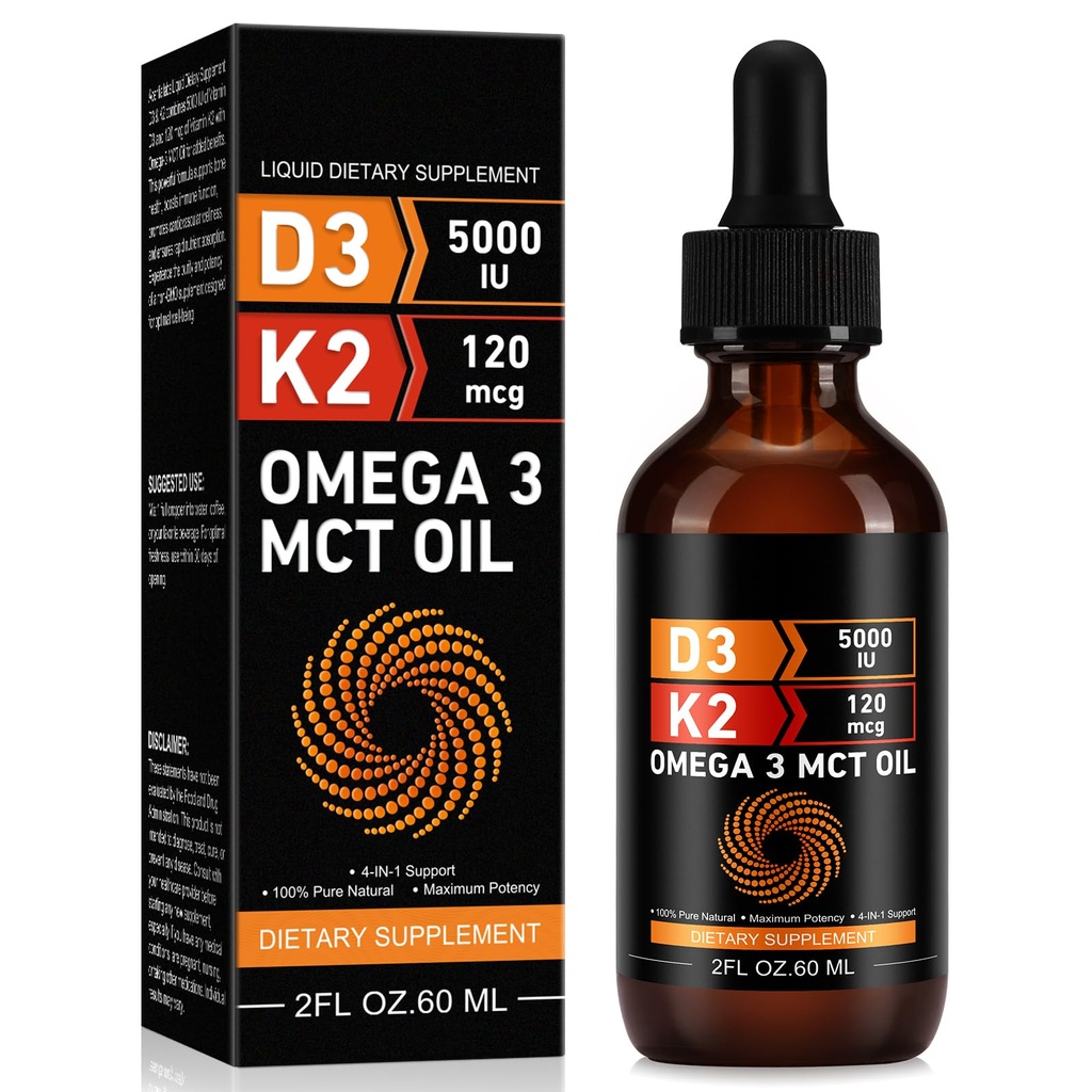 Daiasns vitamine D3 5000 IE & K2 (MK-7) 120 mcg 60ml druppels met MCT-olie Omega 3, vloeibare vitamine D3 & K2 supplementen - 2 maanden aanbod - ondersteuning van botten, tanden, Mood & Immune System, Calcium Absorptie